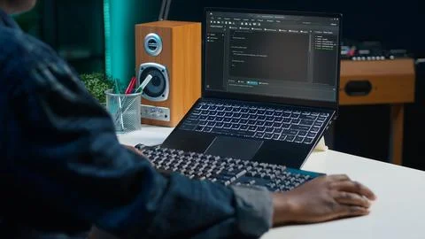 Teleworker using laptop to do coding for software developing 스톡 사진