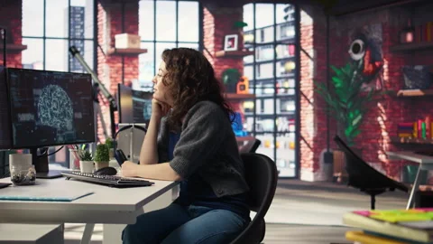 Teleworking developer using computer for artificial intelligence brain Stock Footage 308673301