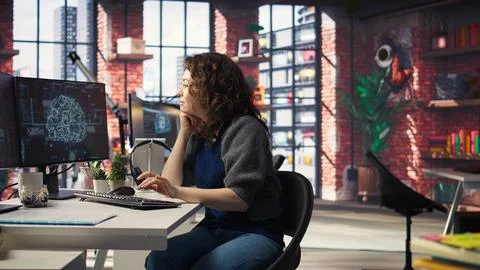 Teleworking developer using computer for artificial intelligence brain 写真素材