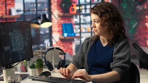 Teleworking developer using computer for artificial intelligence computing 写真素材