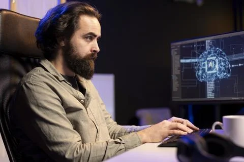Teleworking system administrator upgrading high tech AI Foto stock