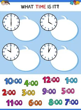 Telling time clock face cartoon task Cartoon Illustrations of Telling Time... Fotos de archivo