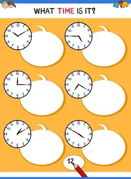 Telling time with clock face educational task Cartoon Illustrations of Tel... Fotos de archivo