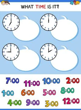 Telling time clock face educational game Cartoon Illustrations of Telling ... Fotos de archivo