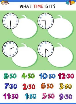 Telling time with clock face educational activity Cartoon Illustrations of... Fotos de archivo