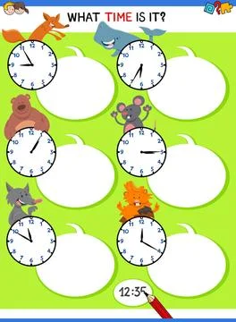 Telling time educational activity with animals Cartoon Illustrations of Te... Stock Photos