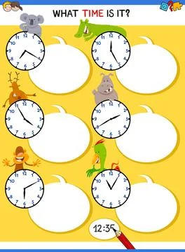 Telling time educational task with animals Cartoon Illustrations of Tellin... Stock Photos