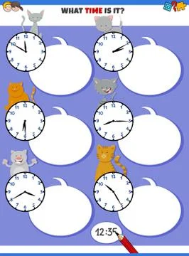 Telling time educational task with cats characters Illustrazione stock