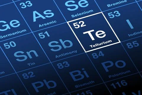 Tellurium on periodic table of the elements, with element symbol Te Stock Illustration