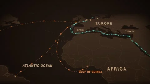 Tema to antwerp container shipping route map animation seamless loop Stock Footage 345938143