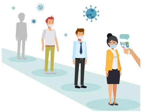 Temperature check people in queue social distance,Checking body temperatures  Stock Illustration