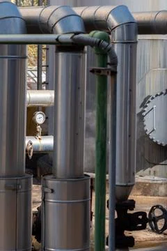 Temperature gauge between pipes protected with insulators Stock Photos