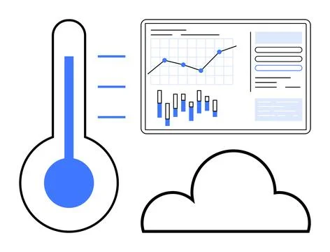 Temperature gauge icon, cloud shape, and analytics dashboard with graphs and  Stock Illustration