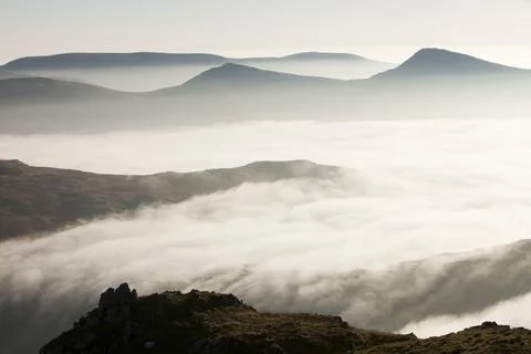A temperature inversion with valley mist from Red Screes near Ambleside in th Stock Photos