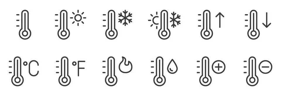 Temperature line icon set. Thermometer, hot, cold, Celsius, Fahrenheit, rising Illustrazione stock