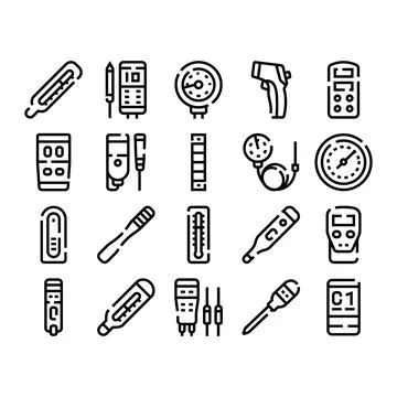 Temperature measurement tools and devices outline icons set Stock Illustration