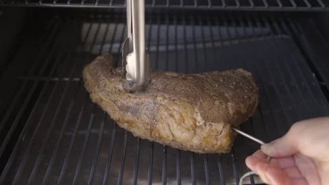 Temperature probe placed in brisket large steak Stock Footage 245369673