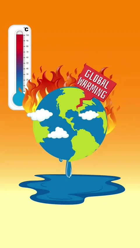 Temperature rises on the thermometer, planet Earth is engulfed in fires, gla Stock Footage 274734351