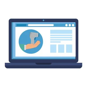 Temperature testing by non contact thermometer and laptop, checking new Stock Illustration