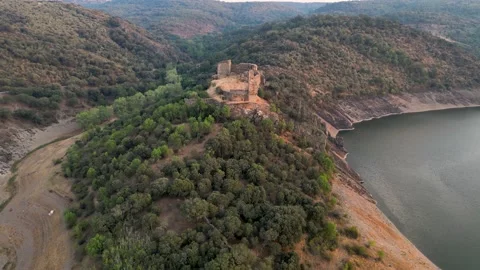 Templar Castle With Forest Mountain Landscape. Aerial Pullback Shot Stock Footage 228645223