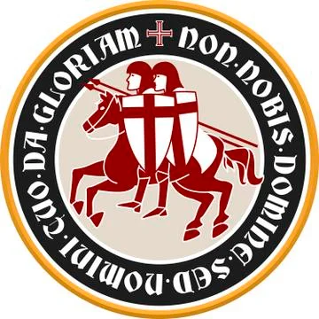 Templar circular emblem with latin text, knights and cross. Stock Illustration