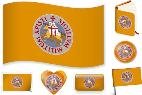 Templar flag in wave, book, circle, pin, button, heart and sticker shapes. Stock Illustration