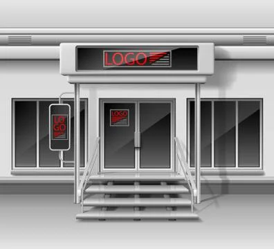 Template for advertising 3d store front facade. Shop exterior with door Stock Illustration