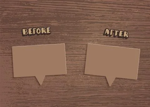 Template before and after  with speech bubbles and wood textured background.  스톡 일러스트