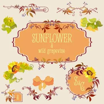 Template and border elements set with sunflower and grape Stock Illustration