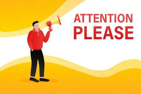 Template with attention please man holding megaphone on white background for Stockillustratie