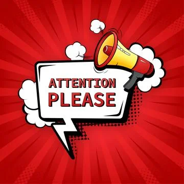 Template with attention please megaphone on red background for flyer design. Pop Stock Illustration