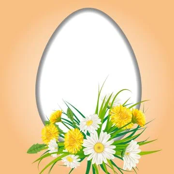 Template banner Easter egg bouquet dandelions and daisies, grass, green nature Stock Illustration