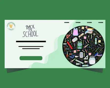 Template for banner, poster, web. Landing page with stationery in round shape Stock Illustration