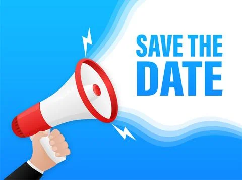 Template with blue save the megaphone on white background for flyer design Stock Illustration