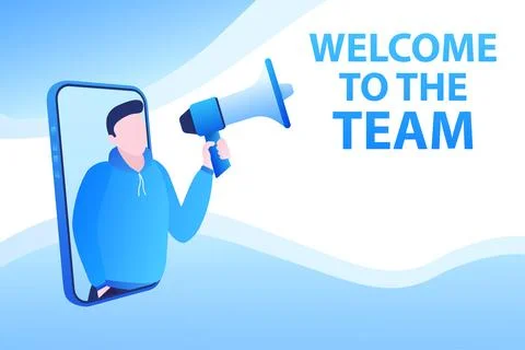 Template with blue welcome to the team man holding megaphone on white background 스톡 일러스트