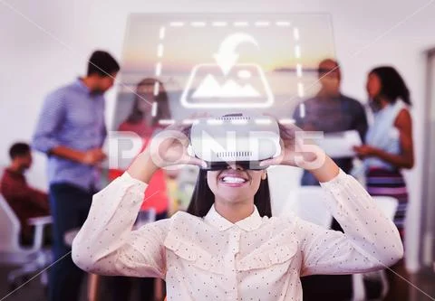 Template of businesswoman using vr glasses with colleagues in background PSD Template