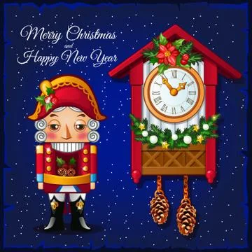 Template Christmas greeting card with Nutcracker and vintage cuckoo clocks on a Stock Illustration