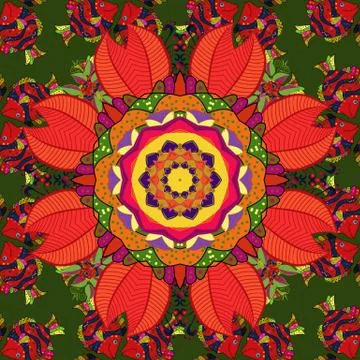 Template Colored mandala vector circle of zentangle hand drawn on red, orange an イラスト素材