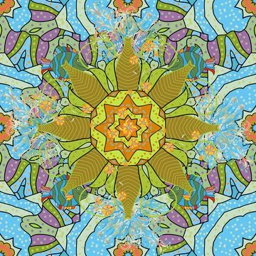 Template Colored mandala vector circle of zentangle hand drawn on neutral, green Stock Illustration