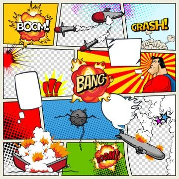 Template comic book page with warships. Pop art ships that explode. Military Stock Illustration