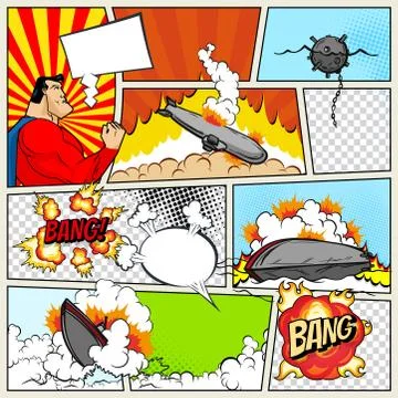 Template comic book page with warships. Pop art ships that explode. Military Stock Illustration