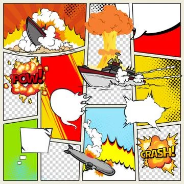 Template comic book page with warships. Comic book page divided by lines with Stock Illustration
