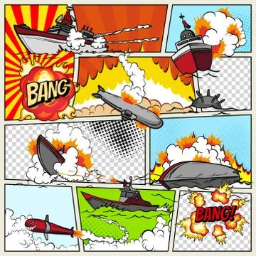 Template comic book page with warships. Pop art ships that explode. Military Stock Illustration