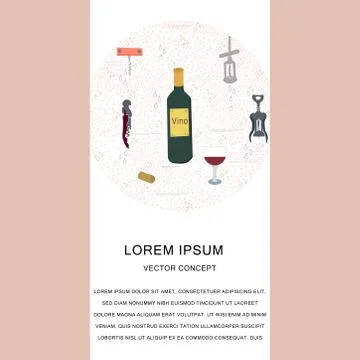 Template with corkscrew and wine bottles round composition with text Stock Illustration
