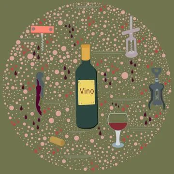 Template with corkscrews, wine bottle round composition Stock Illustration