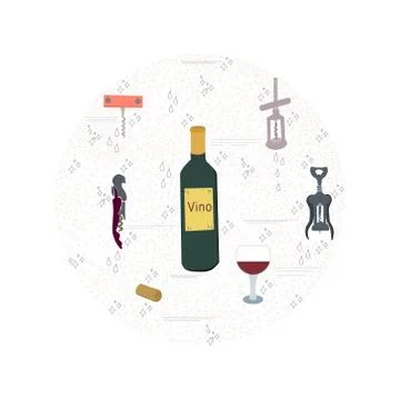 Template with corkscrews, wine bottle round composition Stock Illustration
