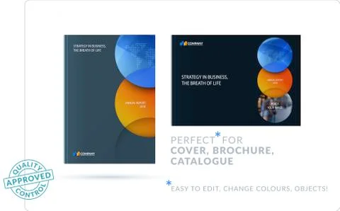 Template. Creative orange blue abstract design of brochure set, horizontal cover Stock Illustration