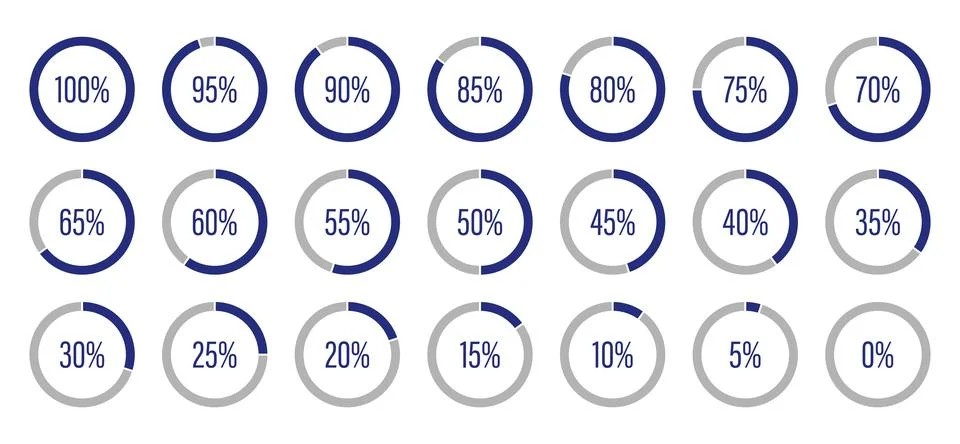 Template of dark blue and gray color fill pie charts indicator. Circle diagrams Ilustración de archivo