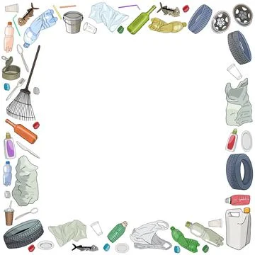 Template with different kinds of garbage and bags isolate on white. Stock Illustration