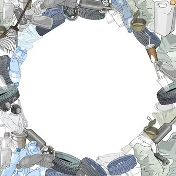 Template with different kinds of garbage and bags. The concept of ecology and Stock Illustration